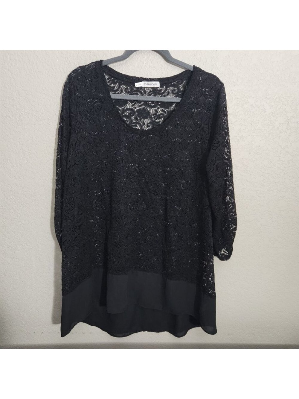 Maurices Tunic Top Sheer Hem 3/4 Sleeves Size 1 or 16 Black Lace